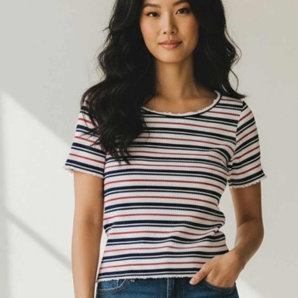 NWOT Sailor Striped Ribbed Korean Scallop Trim Top